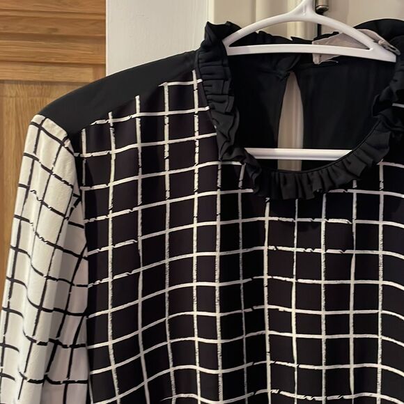 Preen line high ruffle neck asymmetrical hem grid print blouse small - Picture 4 of 9